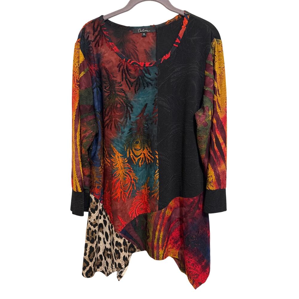 Calessa Women's Tunic Top Size XL Patchwork Mixed Media Asymmetric Artsy Boho